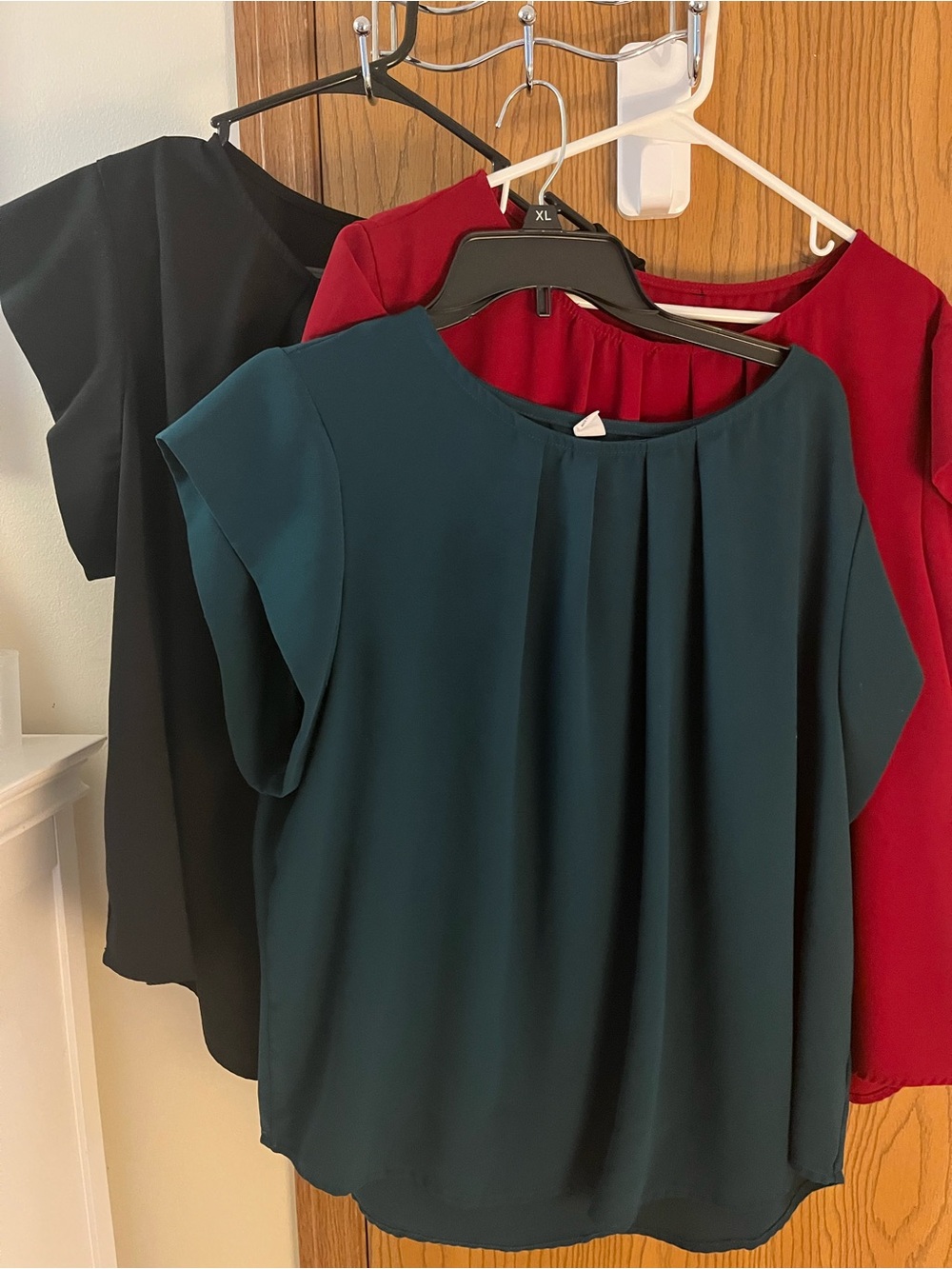Women's Teal, black, and red Pleated Short-Sleeve Blouse. Business casual.